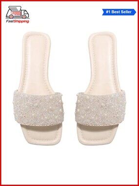 ✨ GORGLITTER Sparkly Flat Sandals Dressy Open Toe Glitter Slide Shoes